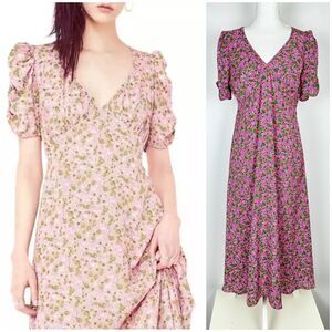 Lili Sidonio Molly Bracken Pink Floral Midi Dress Puff Sleeve Cottagecore Large
